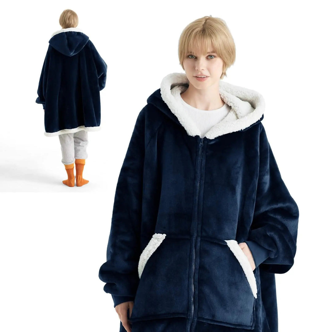 Unisex Wearable Blanket Hoodie Sherpa Fleece Zippered Warm