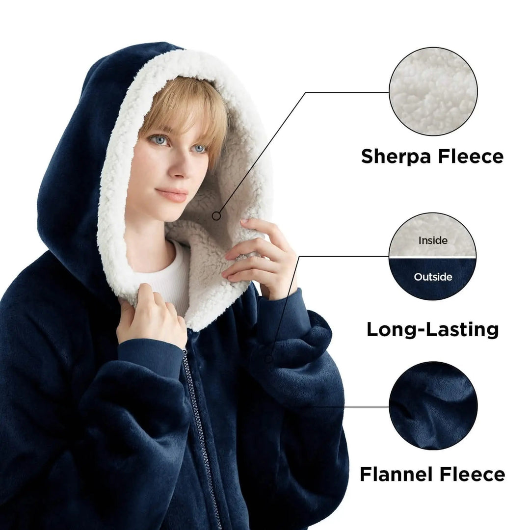 Unisex Wearable Blanket Hoodie Sherpa Fleece Zippered Warm
