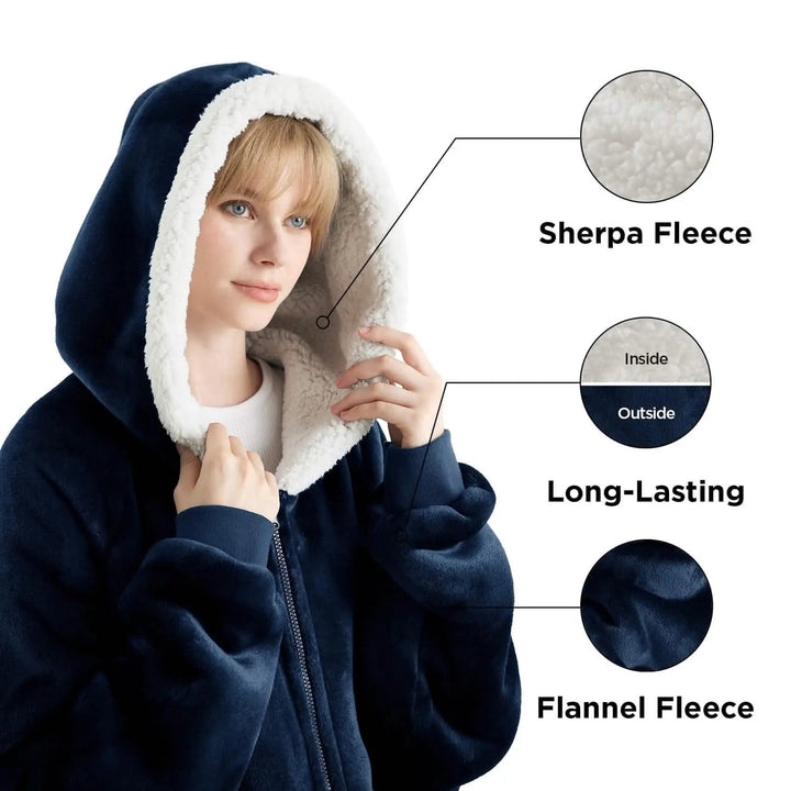 Unisex Wearable Blanket Hoodie Sherpa Fleece Zippered Warm