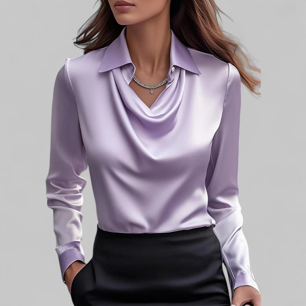 Womens Satin Blouse with Lace Point Collar and Cowl Neck Long Sleeve