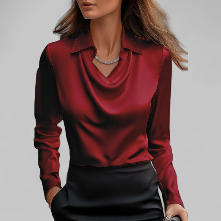 Womens Satin Blouse with Lace Point Collar and Cowl Neck Long Sleeve