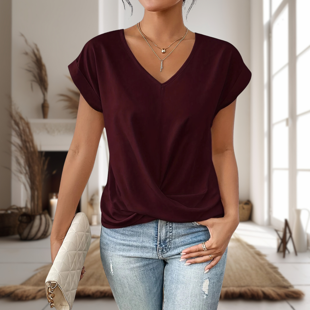 Womens V-Neck Blouse with Twist Hem Short Sleeve - BritishMode