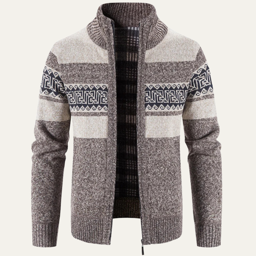 Mens Knitted Zip Cardigan Patterned Design Stand Collar