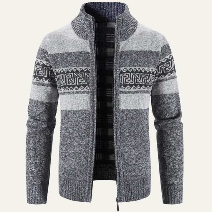 Mens Knitted Zip Cardigan Patterned Design Stand Collar