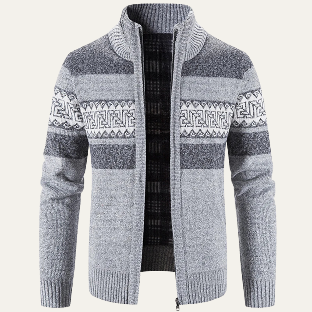Mens Knitted Zip Cardigan Patterned Design Stand Collar