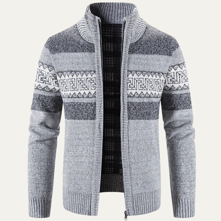 Mens Knitted Zip Cardigan Patterned Design Stand Collar