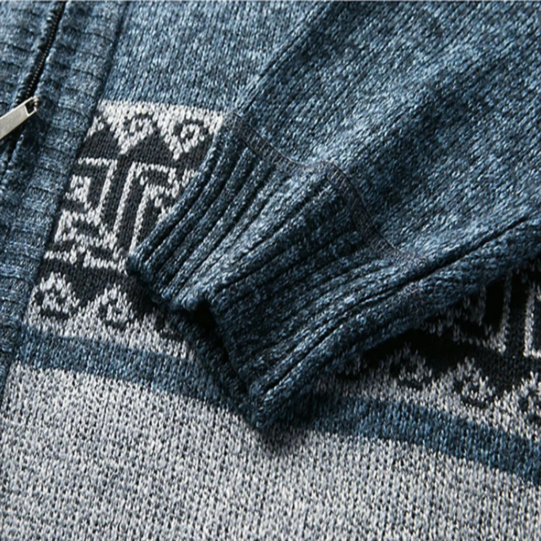 Mens Knitted Zip Cardigan Patterned Design Stand Collar
