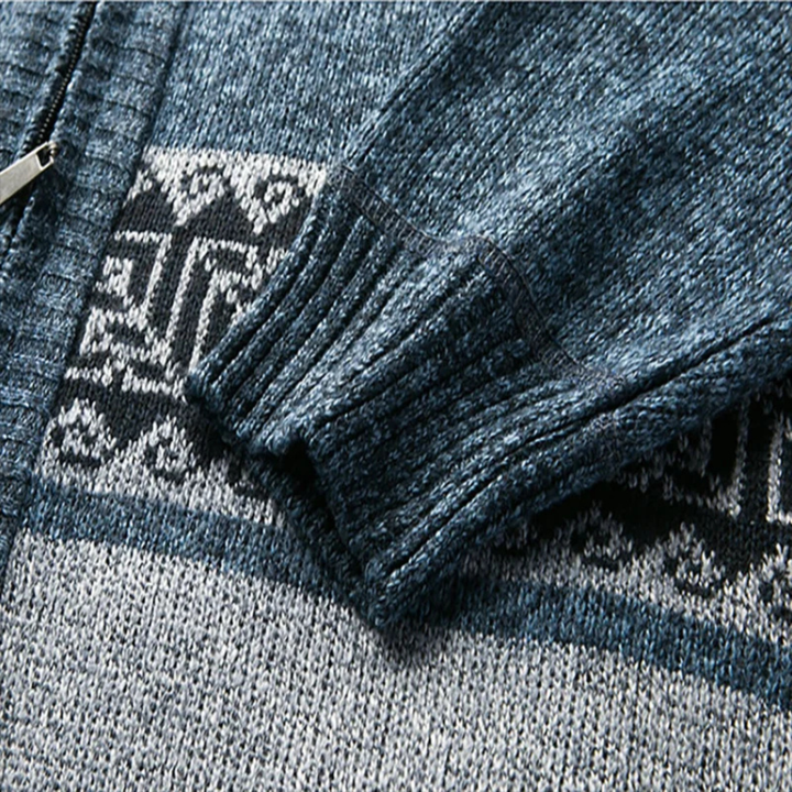 Mens Knitted Zip Cardigan Patterned Design Stand Collar