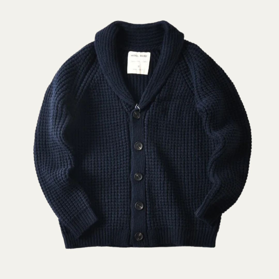 Mens Cardigan Chunky Waffle Knit Shawl Collar - BritishMode