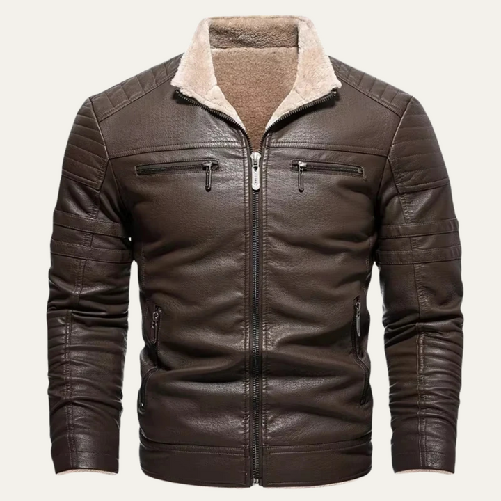 Mens Leather Biker Jacket with Warm Fleece Insulation