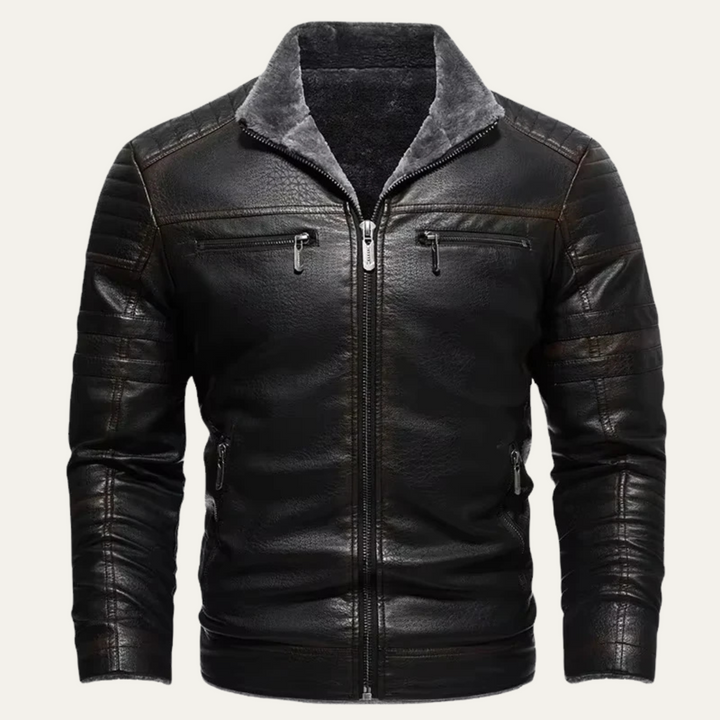 Mens Leather Biker Jacket with Warm Fleece Insulation