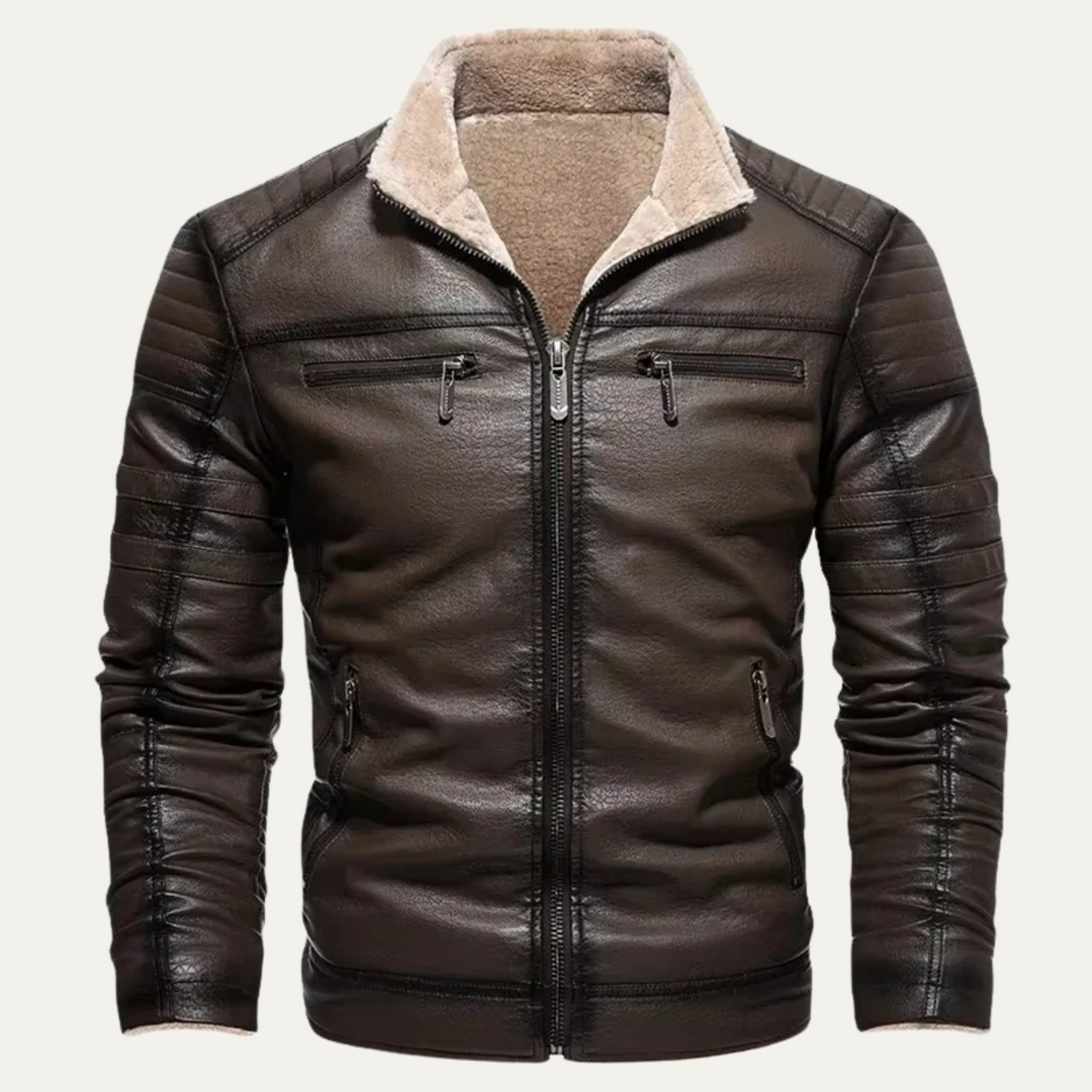 Mens Leather Biker Jacket with Warm Fleece Insulation