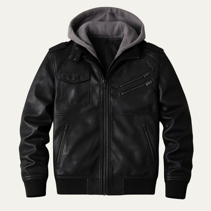 Mens Leather Bomber Jacket Hooded Classic Fit