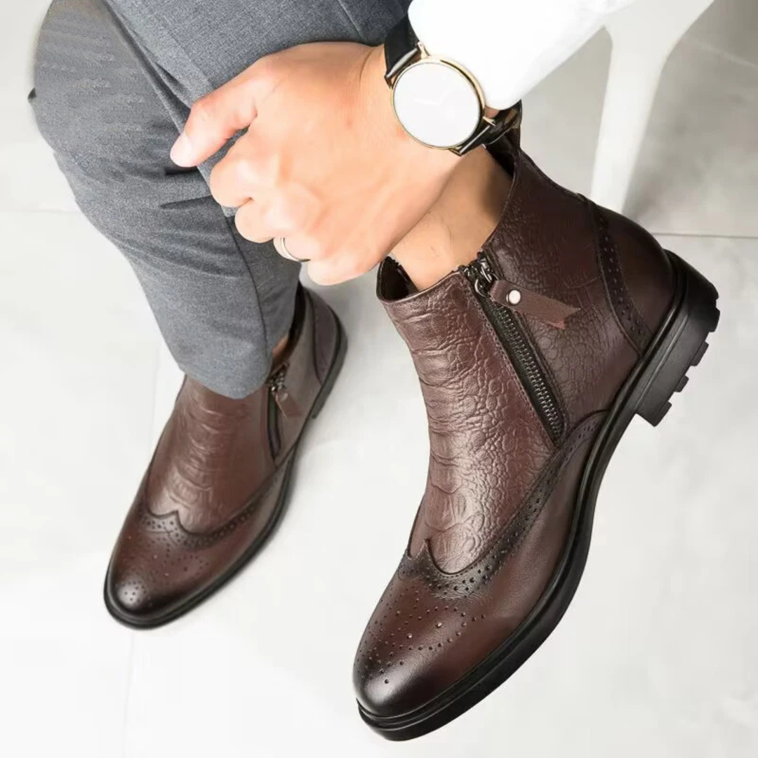 Mens Leather Ankle Boots Plush Lined Zip-Up