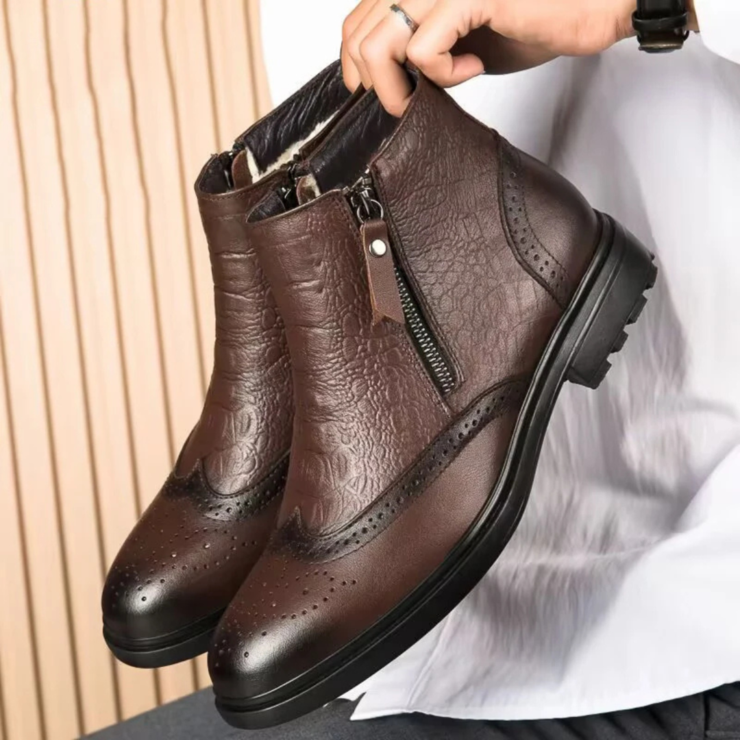 Mens Leather Ankle Boots Plush Lined Zip-Up