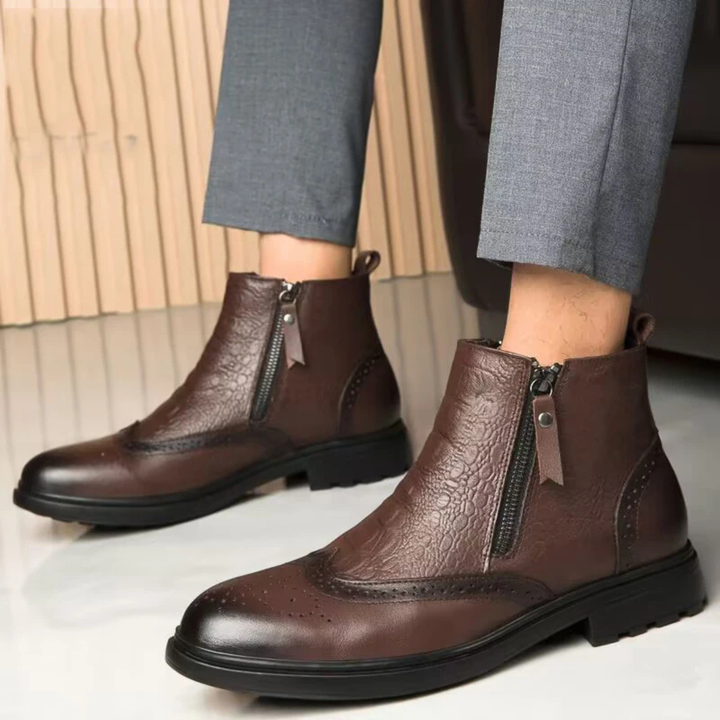 Mens Leather Ankle Boots Plush Lined Zip-Up