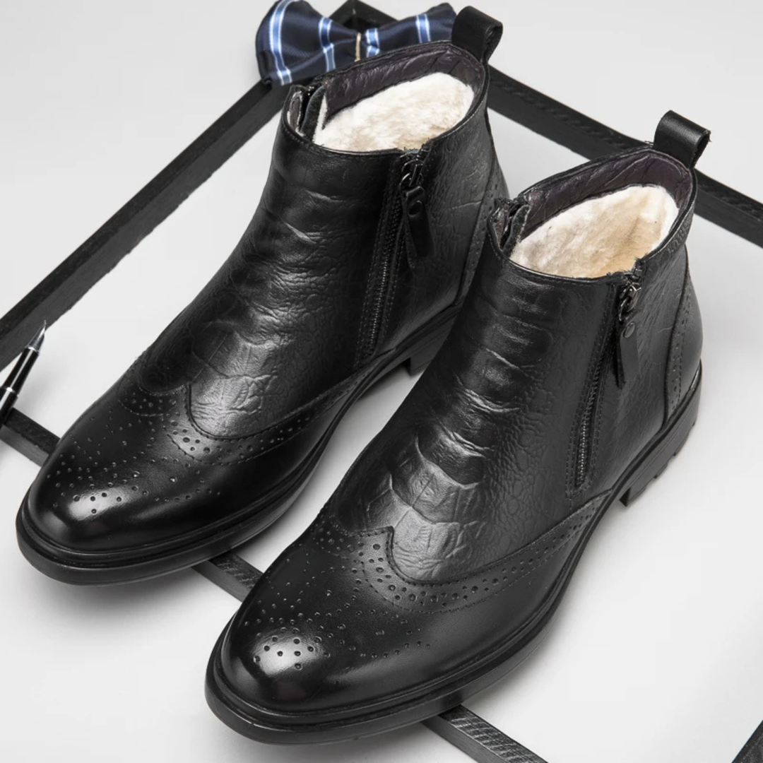 Mens Leather Ankle Boots Plush Lined Zip-Up
