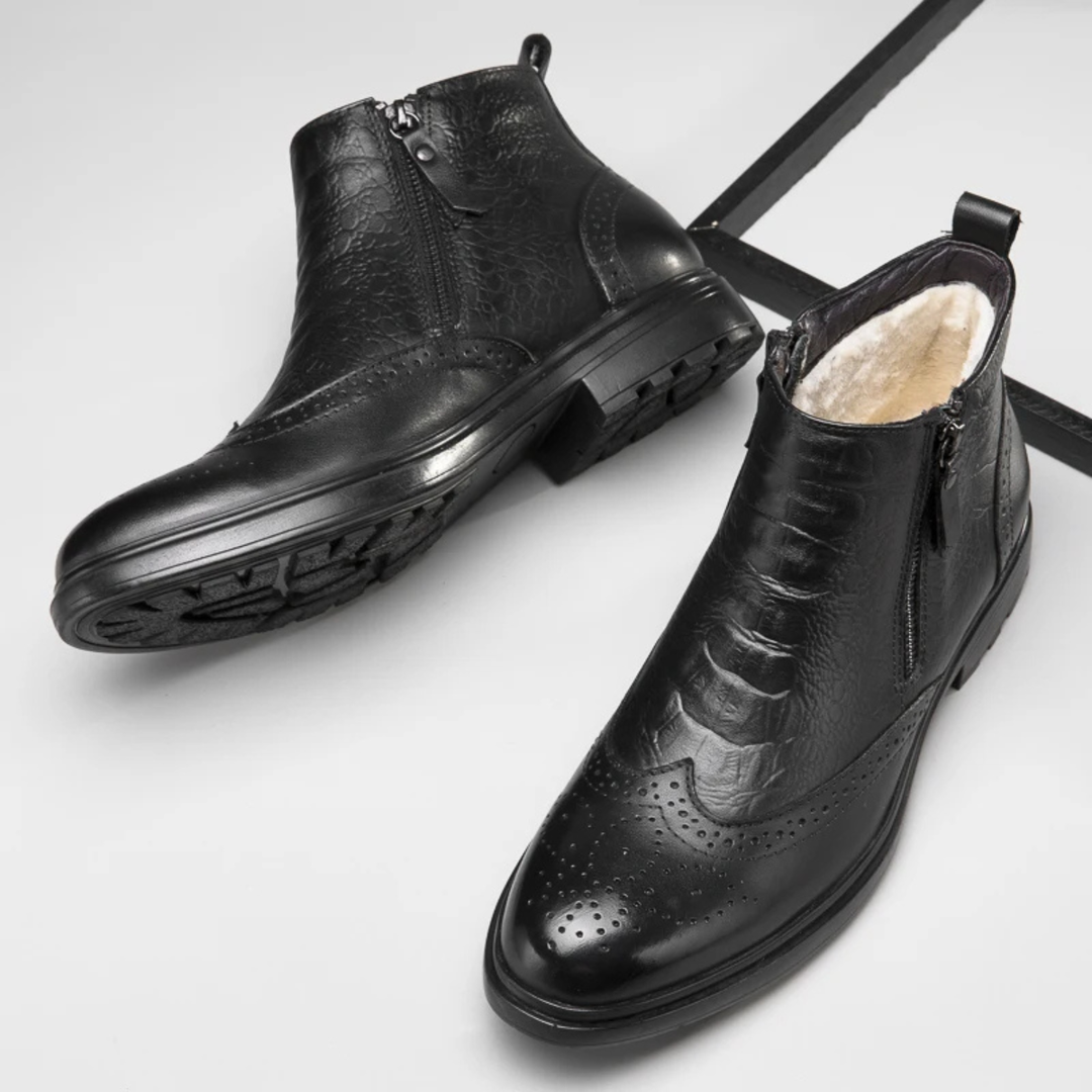 Mens Leather Ankle Boots Plush Lined Zip-Up