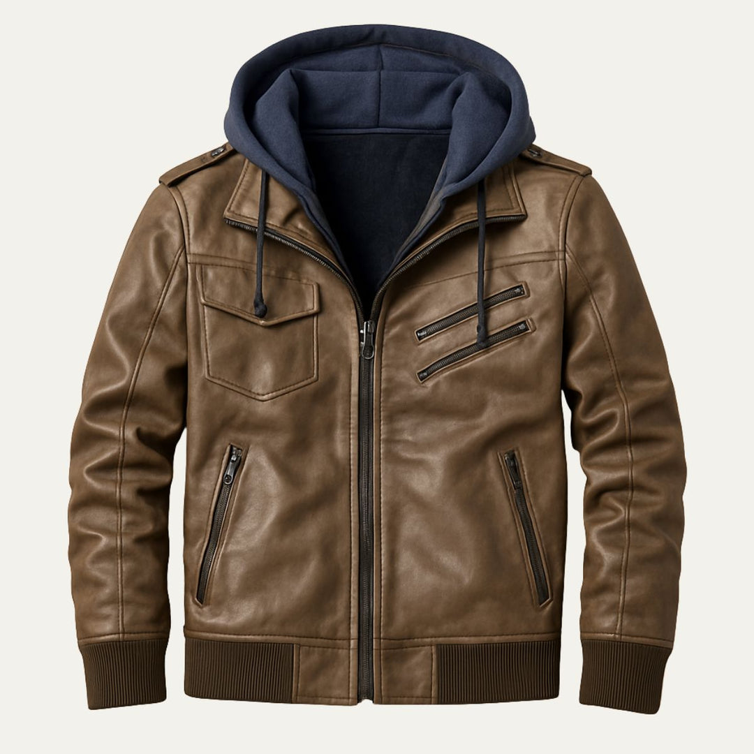 Mens Leather Bomber Jacket Hooded Classic Fit - BritishMode