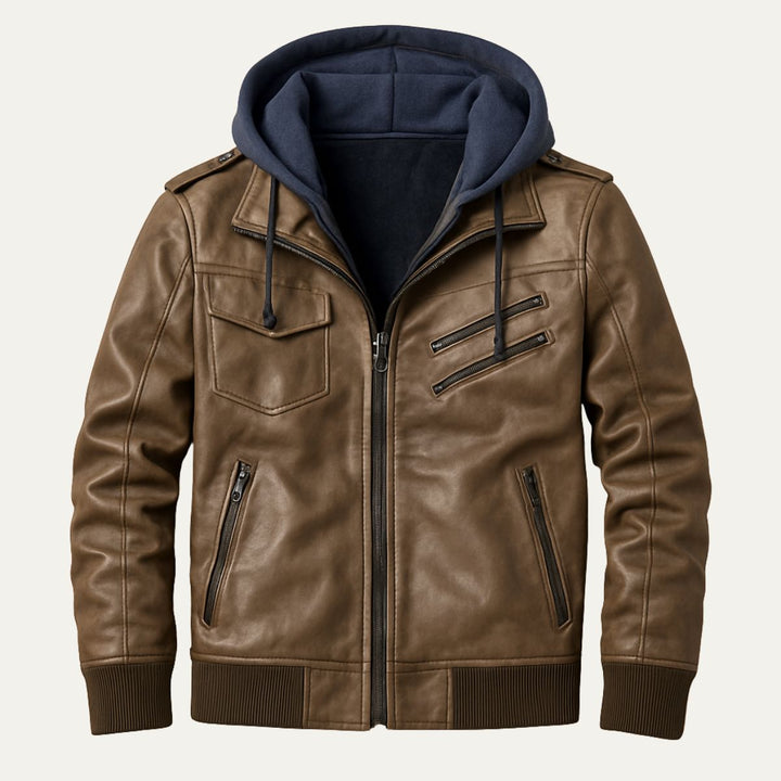 Mens Leather Bomber Jacket Hooded Classic Fit - BritishMode
