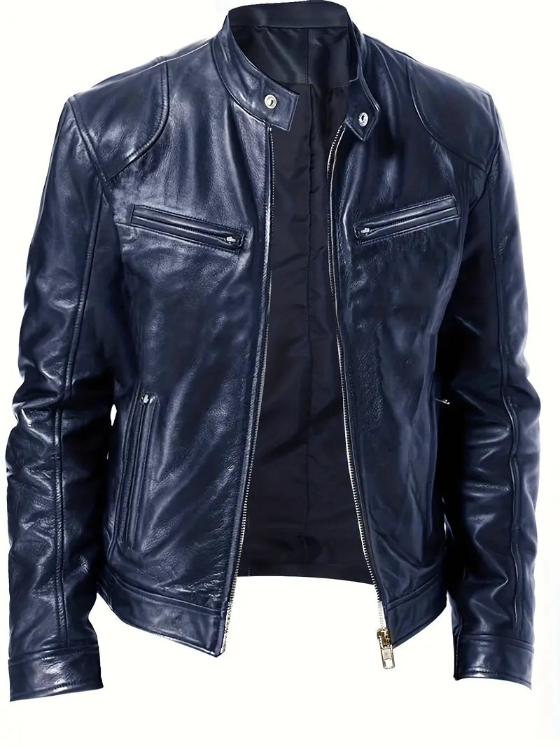 Mens Biker Jacket Synthetic Material Slim Fit
