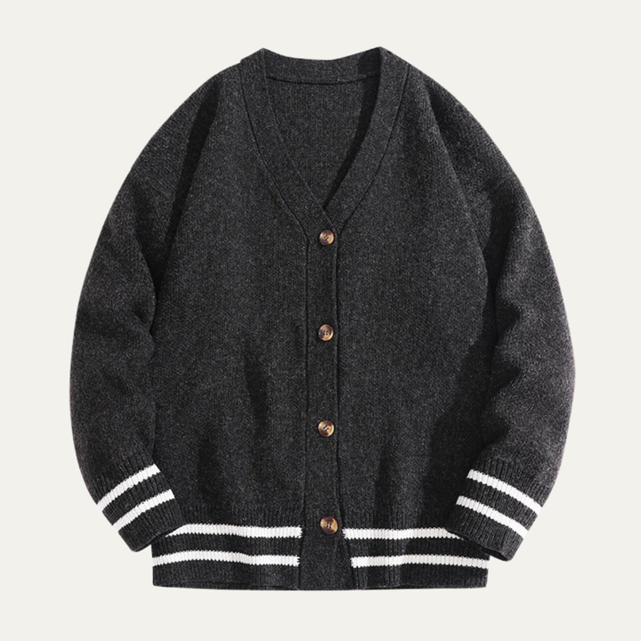 Mens V-Neck Cardigan with Ribbed Trim and Striped Detail