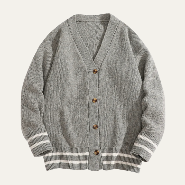 Mens V-Neck Cardigan with Ribbed Trim and Striped Detail - BritishMode