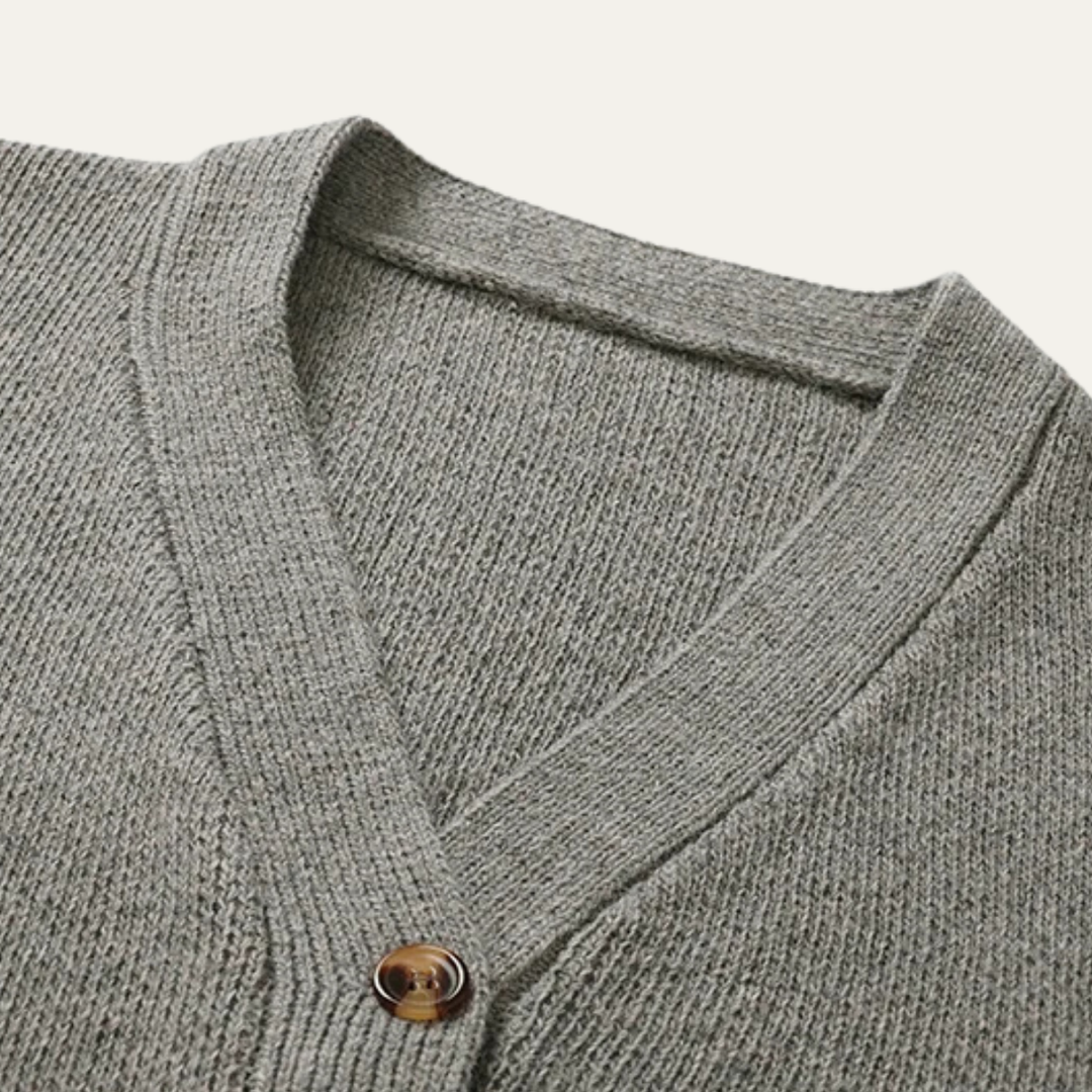 Mens V-Neck Cardigan with Ribbed Trim and Striped Detail