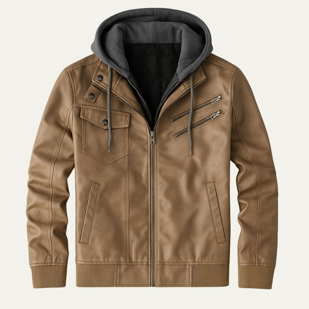 Mens Leather Bomber Jacket Hooded Classic Fit