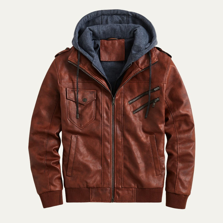 Mens Leather Bomber Jacket Hooded Classic Fit