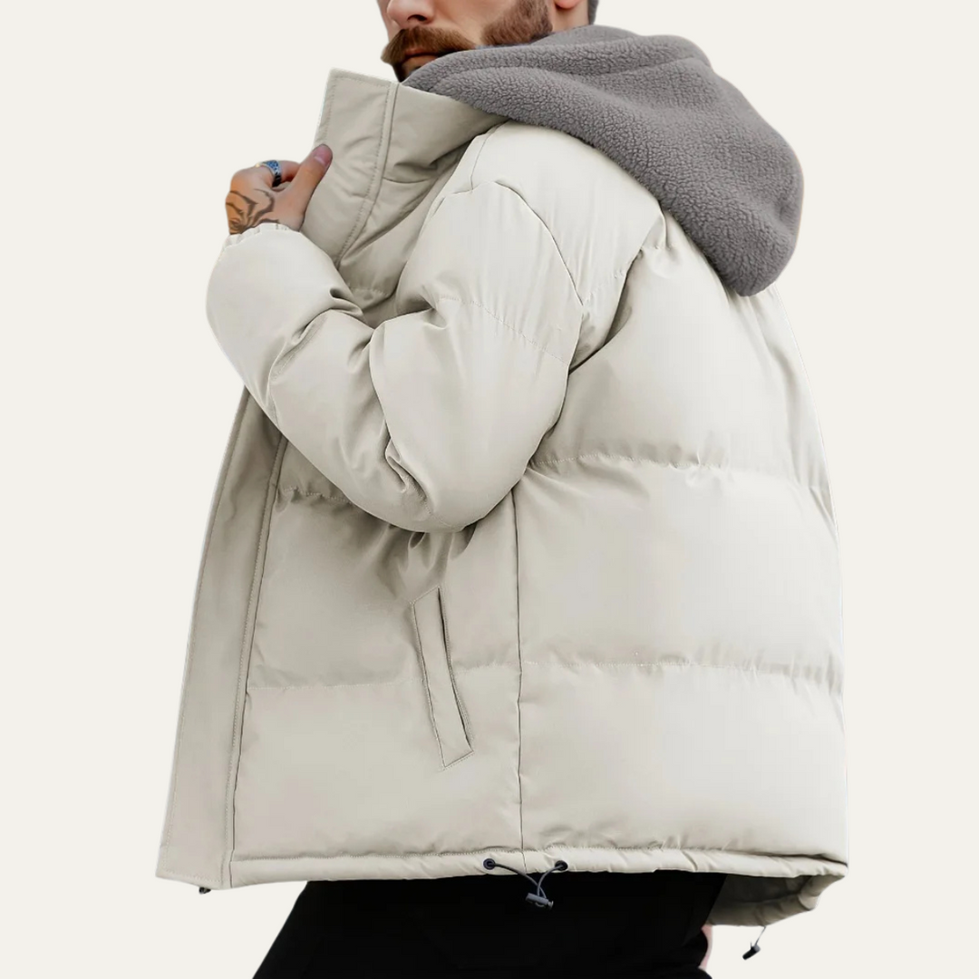 Mens Puffer Jacket with Hood Fleece Lining Zip-Up