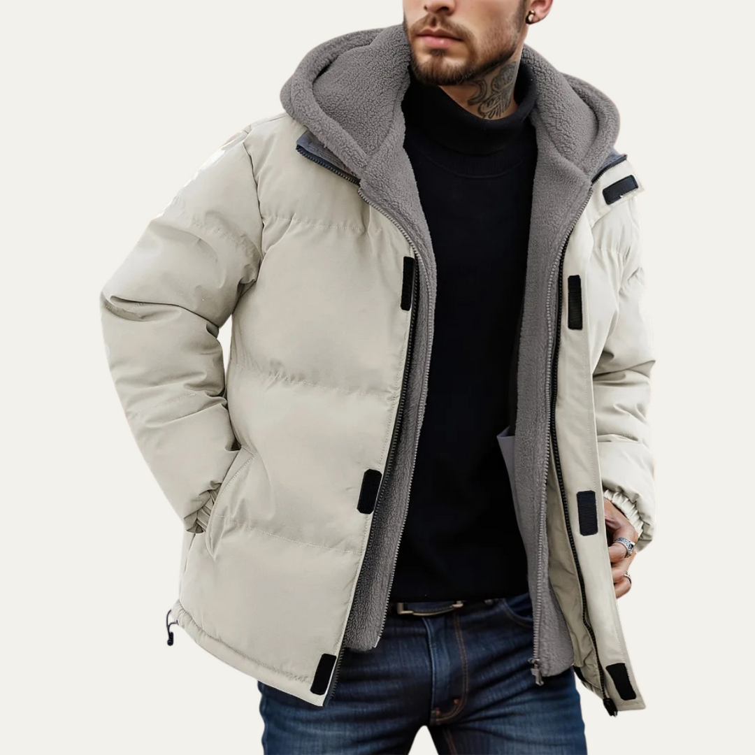 Mens Puffer Jacket with Hood Fleece Lining Zip-Up