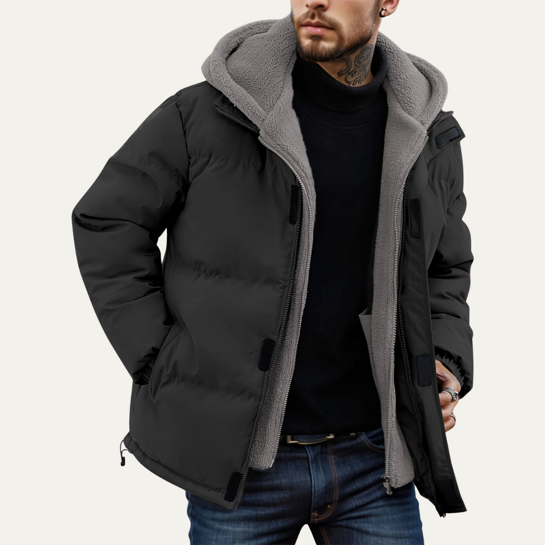 Mens Hooded Puffer Jacket with Fleece Lining and Zip Closure