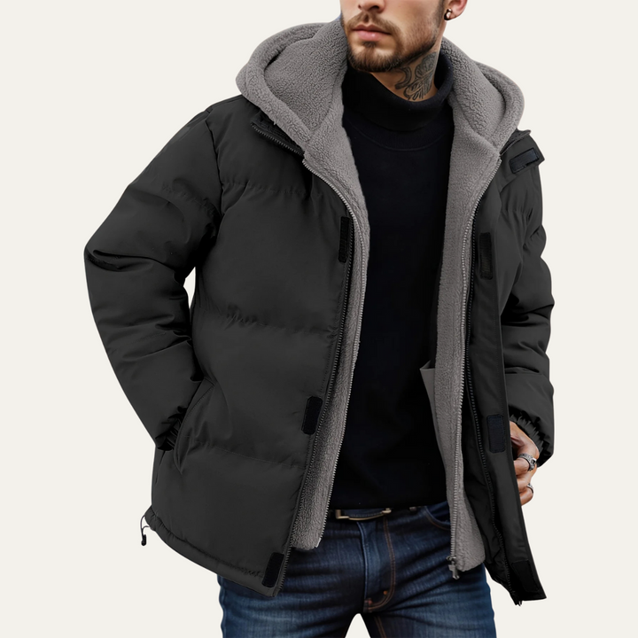 Mens Hooded Puffer Jacket with Fleece Lining and Zip Closure