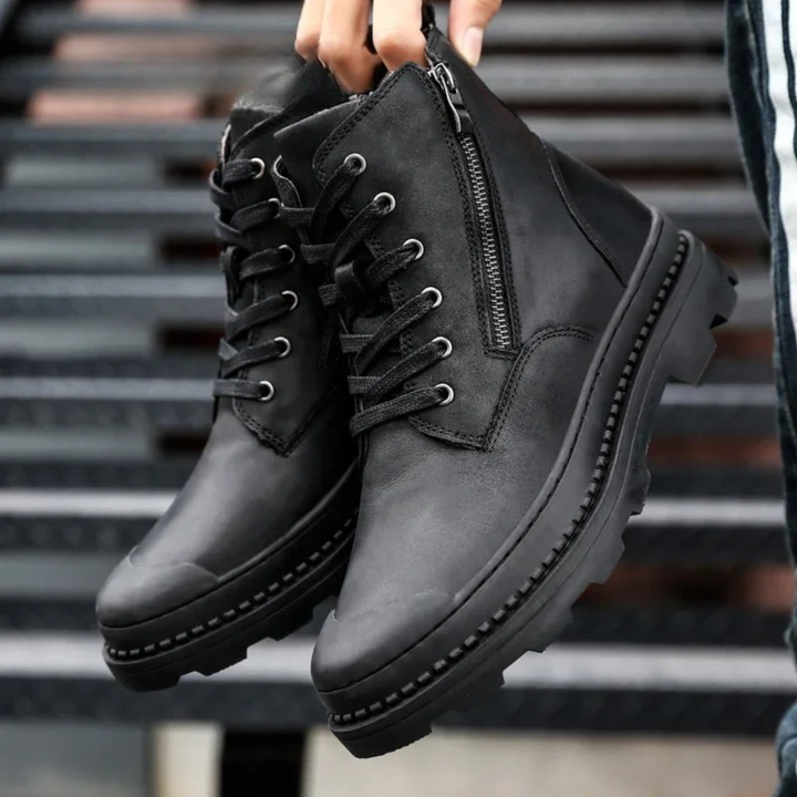 Mens Leather High Top Work Boots Zip Lace-Up