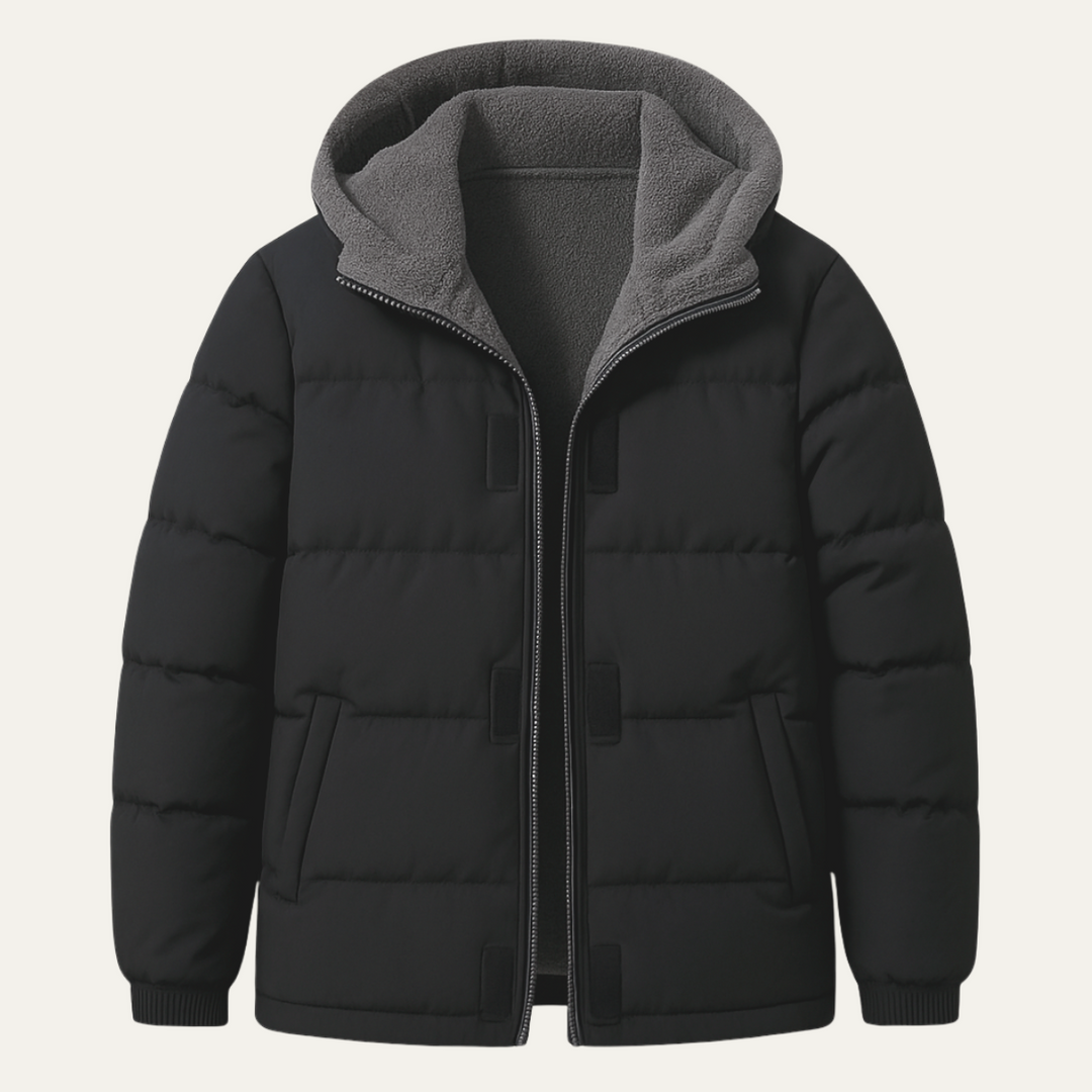 Mens Hooded Puffer Jacket with Fleece Lining and Zip Closure - BritishMode