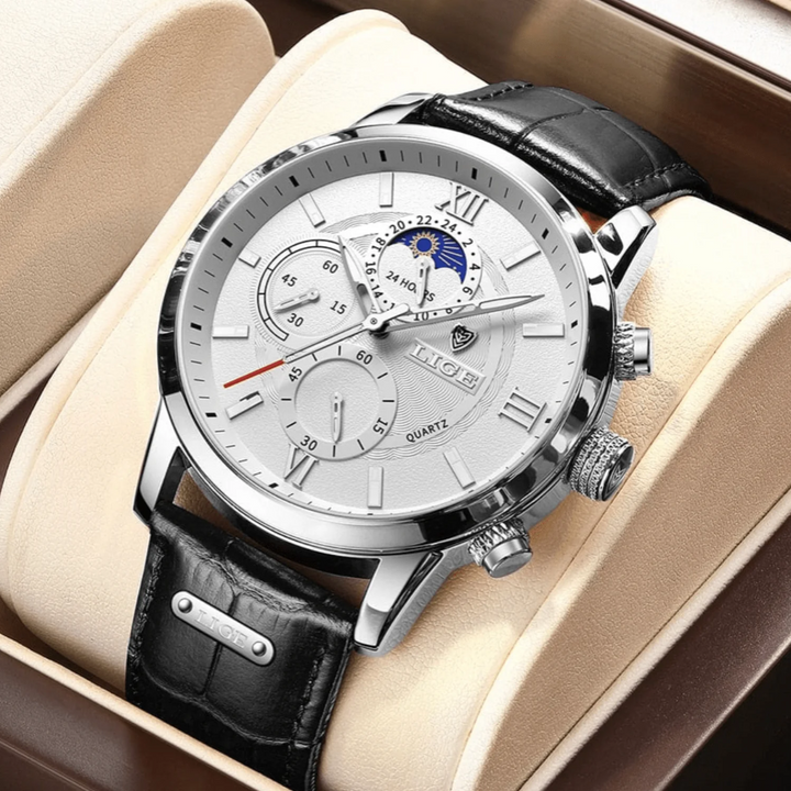 Mens Quartz Chronograph Watch Leather Strap