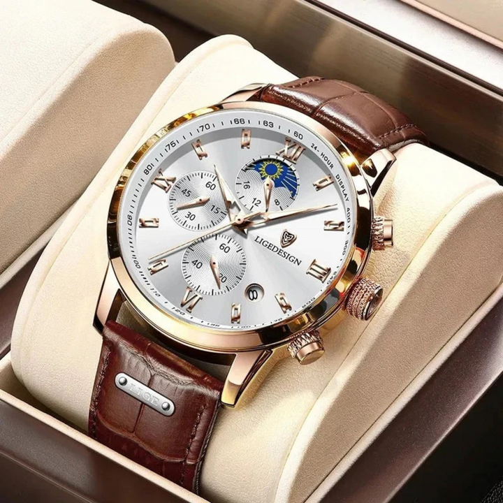 Mens Quartz Chronograph Watch Leather Strap