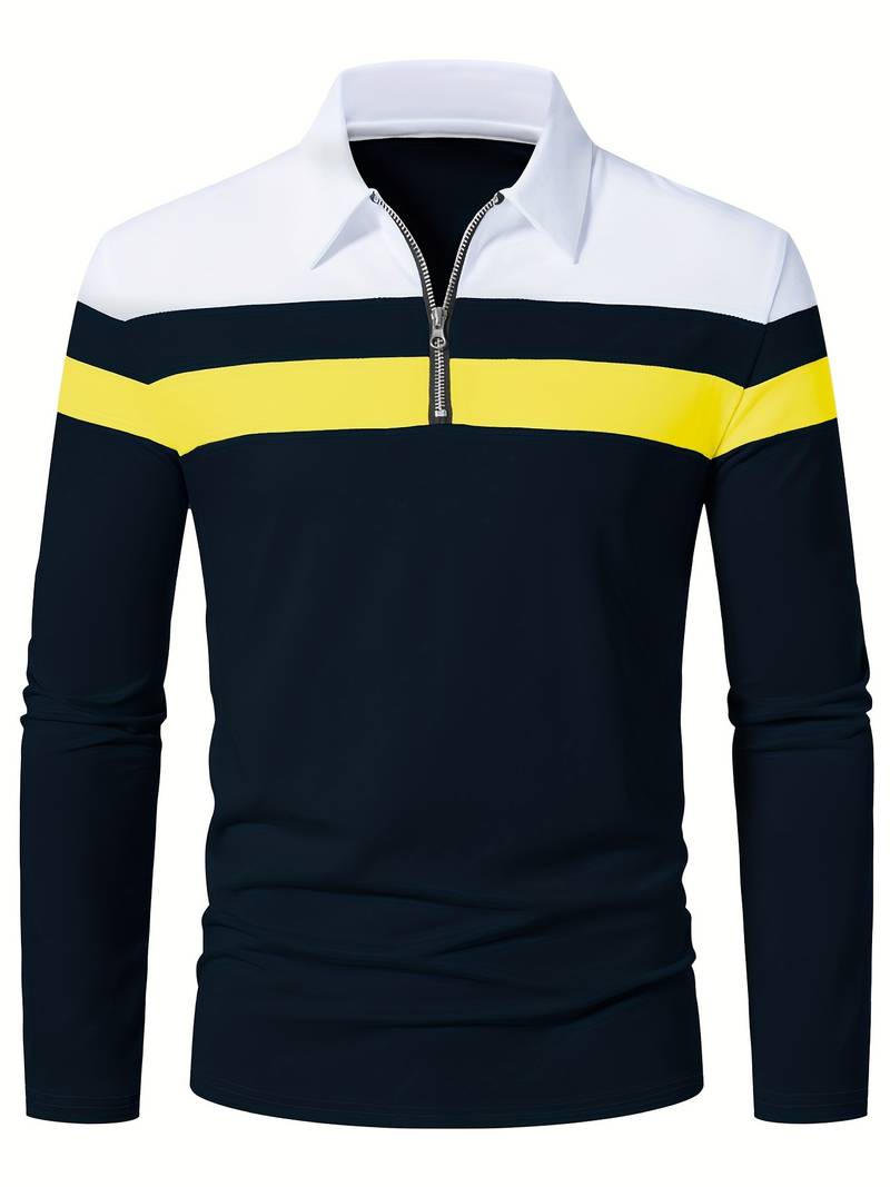 Mens Long Sleeve Polo Shirt Zip-Up Collar
