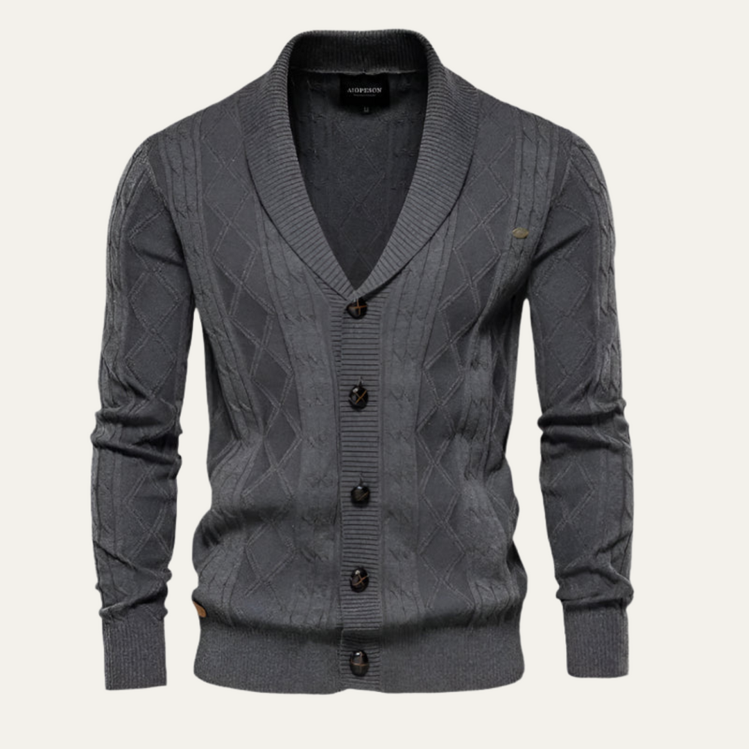 Mens Cable Knit Cardigan with Shawl Collar and Buttons