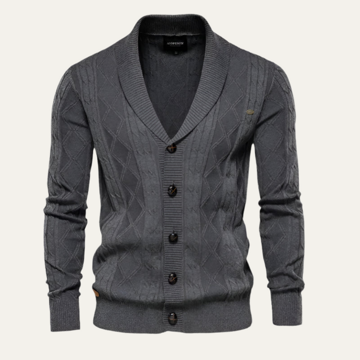 Mens Cable Knit Cardigan with Shawl Collar and Buttons