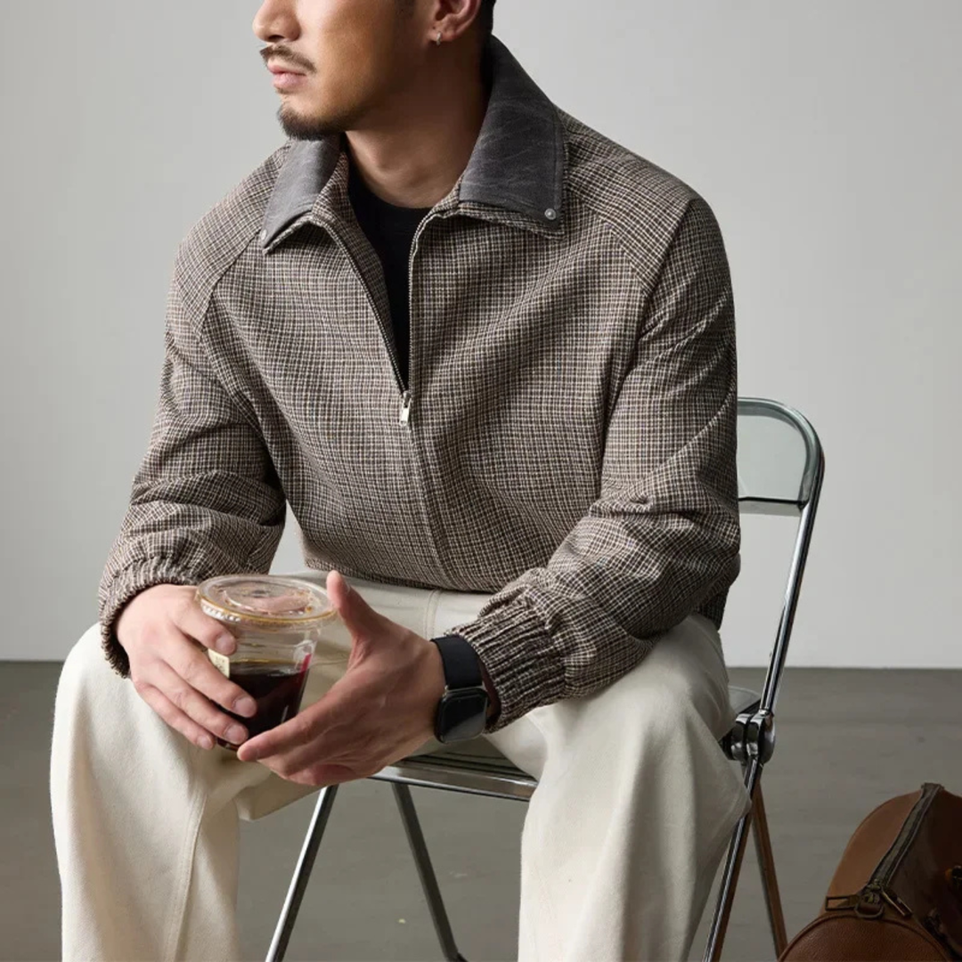 Mens Casual Plaid Jacket Zip-Up Loose Fit