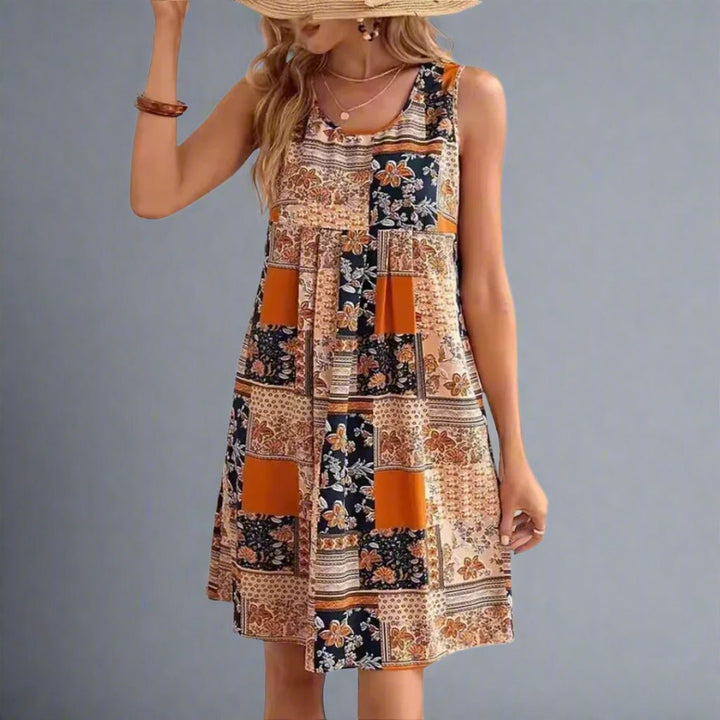 Womens Sleeveless Mini Dress Boho Patchwork Print