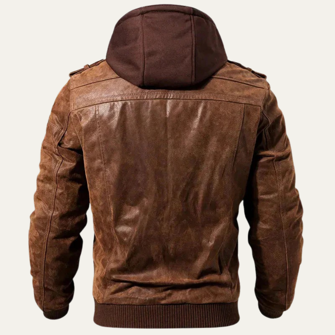 Mens Leather Biker Jacket with Hood