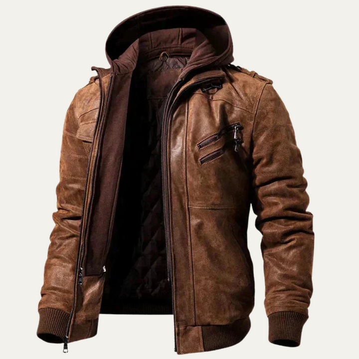 Mens Leather Biker Jacket with Hood
