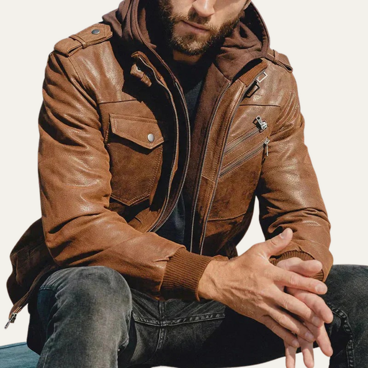 Mens Leather Biker Jacket with Hood