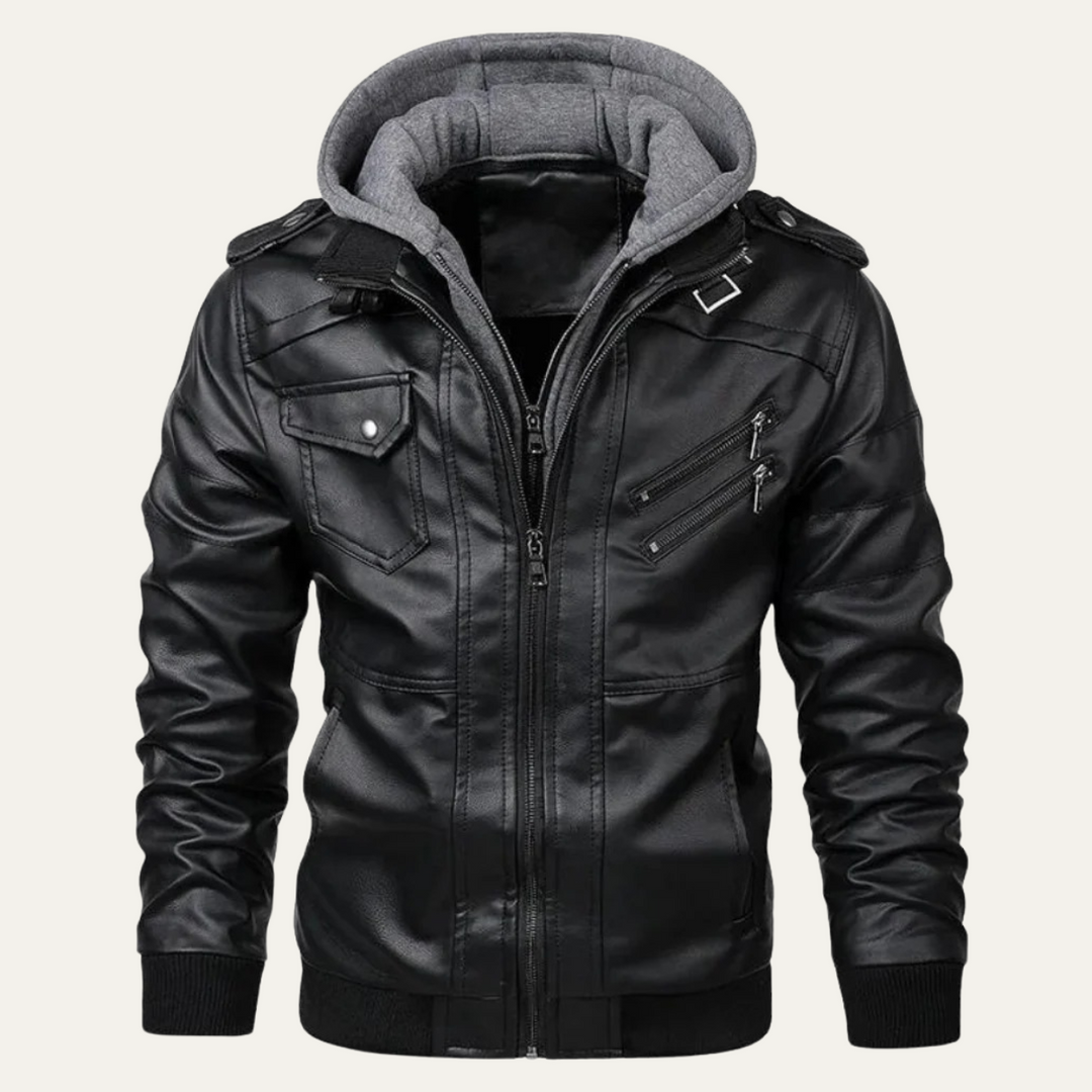Mens Leather Biker Jacket with Hood