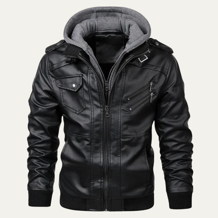 Mens Leather Biker Jacket with Hood