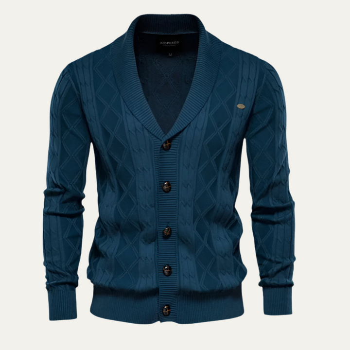 Mens Cable Knit Cardigan with Shawl Collar and Buttons