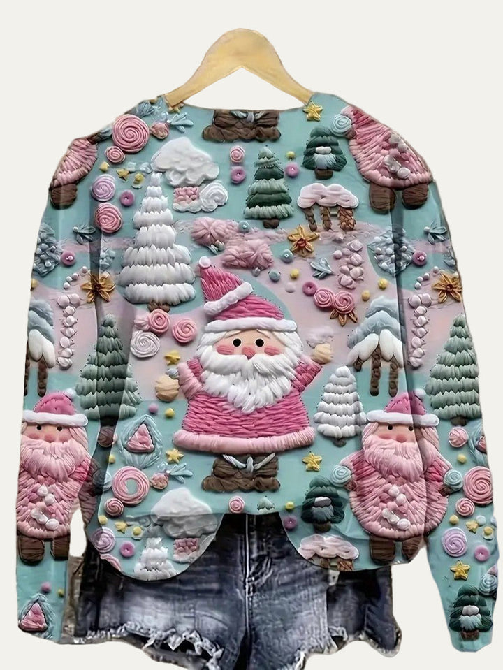 Womens Christmas Sweater with 3D Santa and Snow Pattern